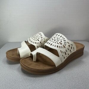 BareTraps White and Tan Laser-Cut Slide Sandals